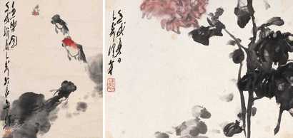 王子武 1982年作 金鱼 花卉（二件） 镜心